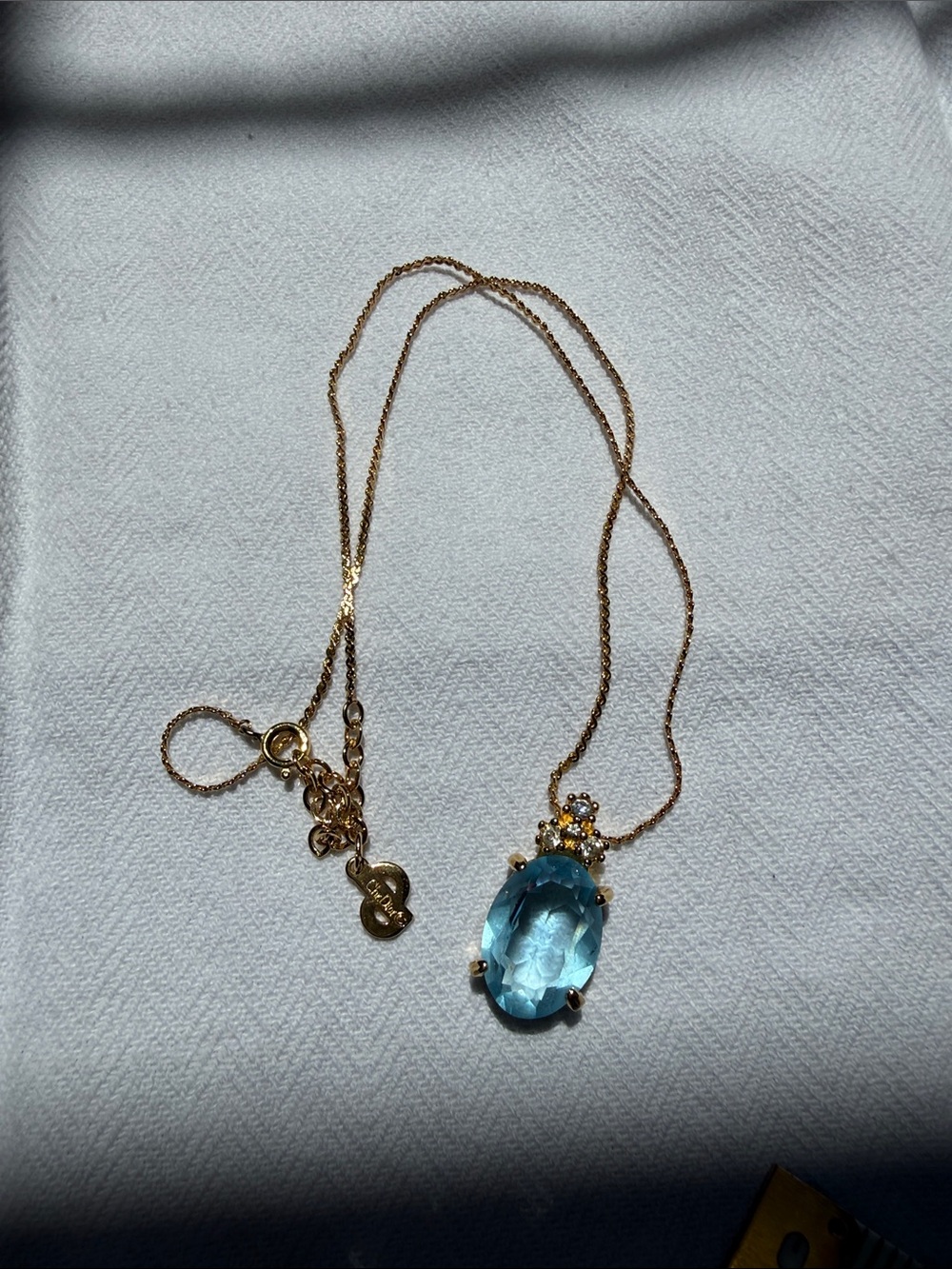 Dior Gold-Tone Necklace with Light Blue Oval Crystal Pendant